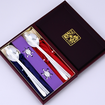 JJ110 명품 은도금 십장생 수저세트 2 + 은도금 거북이 받침대 #2