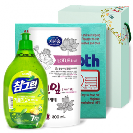 LION 참그린 녹차 뽀드득 용기 500g +무궁화 키친솝 연잎 주방세제 리필 300ml +독일 칼라 행주 [102- 212491] #2