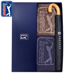 PGA 2단자동 블랙우드핸들 우산 + 170g 죽사타올 2P 세트