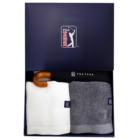 PGA 3단 자동 블랙 우드 핸들 우산 + 260g 코마사 타올 2P 세트 (소) #2