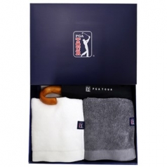 PGA 3단 자동 블랙 우드 핸들 우산 + 260g 코마사 타올 2P 세트 (소)