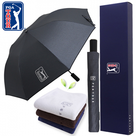 PGA 2단 자동 블랙 메탈 우산 + 150g 면사 타올세트 #2