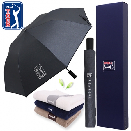 PGA 2단 자동 블랙 메탈 우산 + 130g 면사 타올세트 #2