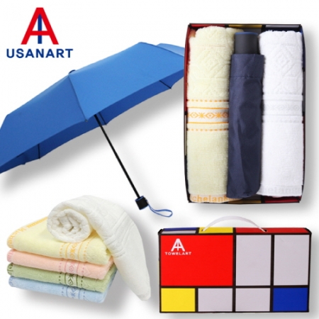 우산아트 3단 폰지 컬러 수동 우산 1P+마시멜로 타올 2P 세트 #2