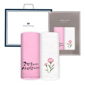 [송월타올] 라이트 호텔 무지40 타올 130G 2P 세트 쇼핑백 감사글, 카네이션 자수