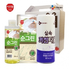 CJ 이츠웰 순그린 주방세제 320ml 용기, 순그린 주방세제 300ml 리필, 키친타올 3종 세트
