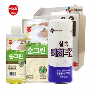 CJ 이츠웰 순그린 주방세제 320ml 용기, 순그린 주방세제 300ml 리필, 키친타올 3종 세트