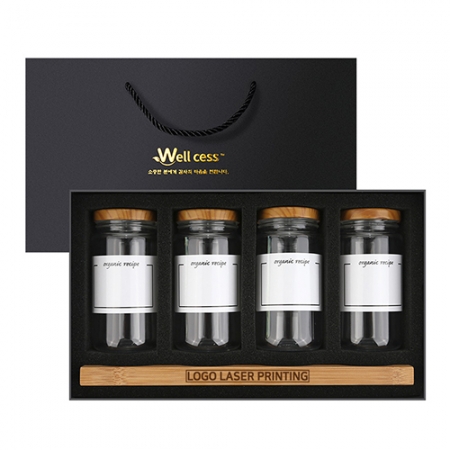 웰세스 WG-104 양념용기 4종세트 라벨스티커 우드트레이 고급패키지 #2