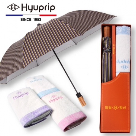 협립 2단 스트라이프 실버 원목손 우산+눈꽃 타올 1P 세트 #2