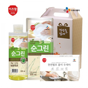 CJ 이츠웰 순그린 주방세제 320ml 용기, 순그린 주방세제 리필, 천연종이 수세미 5매 3종세트