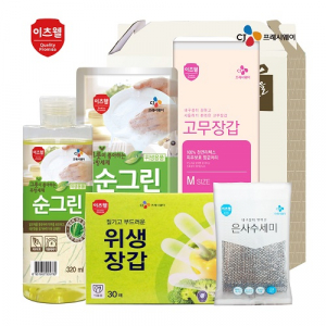 CJ 순그린 주방세제 (320ml) , 순그린 주방세제 (리필) , 위생장갑, 수세미, 고무장갑 5종세트