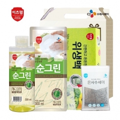 CJ 이츠웰 순그린 주방세제 (320ml 용기) , 순그린 주방세제 (300ml 리필) , 위생백, 수세미 4종세트