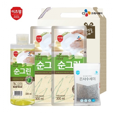CJ 이츠웰 순그린 주방세제 (320ml 용기) , 순그린 주방세제 (300ml 리필) 2개, 수세미 4종세트 #2
