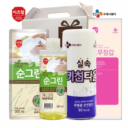 CJ 순그린 주방세제 (320ml 용기) , 순그린 주방세제 (300ml 리필) , 고무장갑, 키친타올 4종 세트 #2