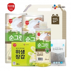 CJ 순그린 주방세제 (320ml 용기) , 순그린 주방세제 (300ml 리필) *2개, 위생장갑, 수세미 5종 세트