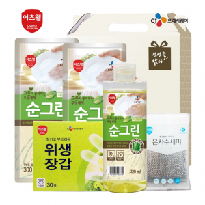 CJ 순그린 주방세제 (320ml 용기) , 순그린 주방세제 (300ml 리필) *2개, 위생장갑, 수세미 5종 세트
