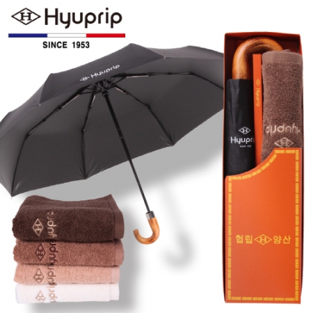 협립 3단 암막 고밀도 원목 곡자손 완전 자동우산 + 40수 180 호텔타올 1P 우산 타올 세트, 양산겸용 #2