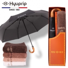 협립 3단 암막 고밀도 원목 곡자손 완전 자동우산 + 40수 180 호텔타올 1P 우산 타올 세트, 양산겸용