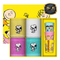 [스누피 전용 타올 컵 세트]스누피 왕리본36 핸드타올 4p + 스누피 3p 컵 세트