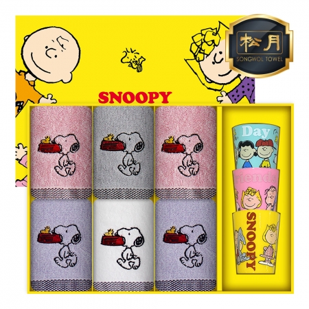 [스누피 전용 타올 컵 세트]스누피 블럭블랙34 핸드타올 6p + 스누피 3p 컵 세트 #2