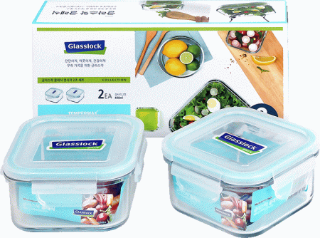 글라스락 내열강화 밀폐용기 정사각형 490ml 2조 세트 #2