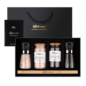 웰세스 WG-205 히말라야 핑크솔트 블랙페퍼 그라인더 선물세트[소금 굵은입자200G, 리필300G, 통후추100G, 리필150G, 우드트레이]