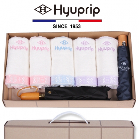 협립 눈꽃 세면타올 5P + 3단 60 앤티크브랙 초고맬도 완전자동 우양산 + 3단 마시멜로 원목손 완전자동우산 - 우산 타올 패밀리세트 #2
