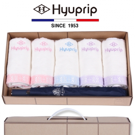 협립 눈꽃 타올 5P + 가르시아 2단 심플 자동우산 1P- 우산 타올 세트 #2