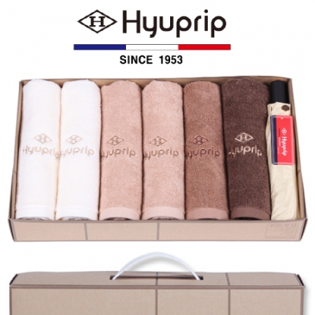 협립 40수 호텔타올 6P + 3단 암막 골든베이지 수동우산 1P - 우양산 타올 세트 #2