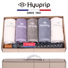협립 호텔 코마 타올 5P + 2단 클래식 실버 원목 우산 1P - 우산 타올 세트