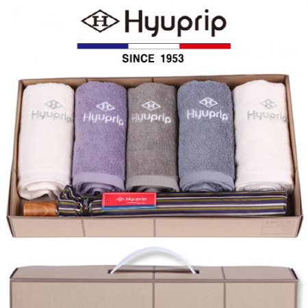 협립 호텔 코마 타올 5P + 2단 멀티 스트라이프 원목 우산 1P - 우산 타올 세트 #2