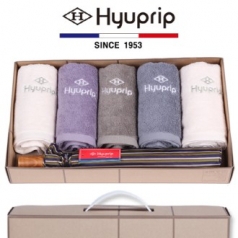협립 호텔 코마 타올 5P + 2단 멀티 스트라이프 원목 우산 1P - 우산 타올 세트