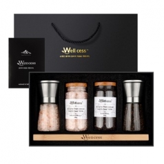 웰세스 WG-205S 히말라야 핑크솔트 블랙페퍼 그라인더 선물세트[핑크솔트 굵은입자 200G, 리필 300G, 블랙페퍼 100G, 리필 150G, 우드트레이]