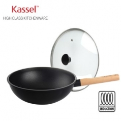 카셀 하이브리드 (Hybrid) 인덕션 (IH) 휠우드 티 타늄 궁중팬 (웍) 28cm +유리뚜껑 28cm