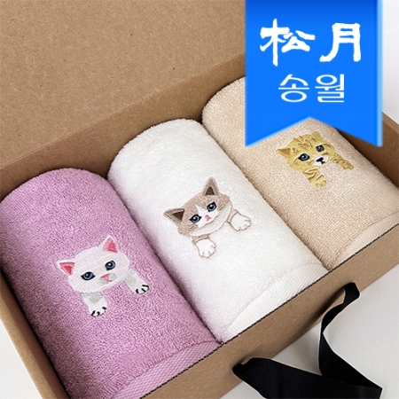 [송월타올] 야옹프렌즈 세면타올 3매 선물세트 크라프트 #2