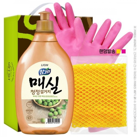 [명절 선물세트 추석 설날] (친환경 ) 참그린 매실 주방세제 500g 용기 + 고무장갑 32cm + 망사수세미 (3종) #3