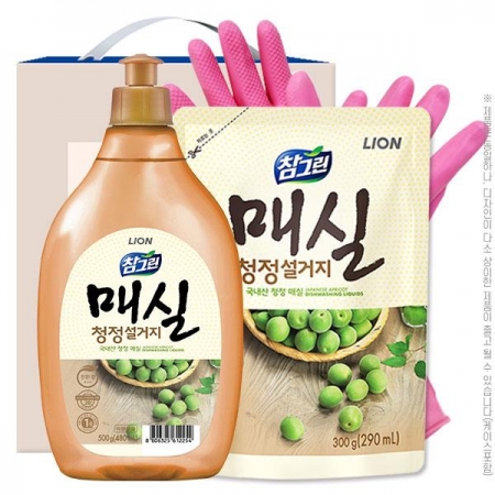 참그린 매실 주방세제 500ml 용기 + 매실 주방세제 300ml 리필 + 고무장갑 32cm (3종) #3
