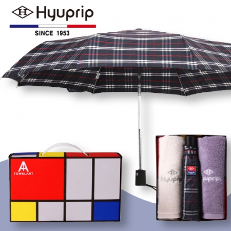 협립 3단 선염체크 완전 자동우산 1P + 코마 호텔타올 2P 세트 #2