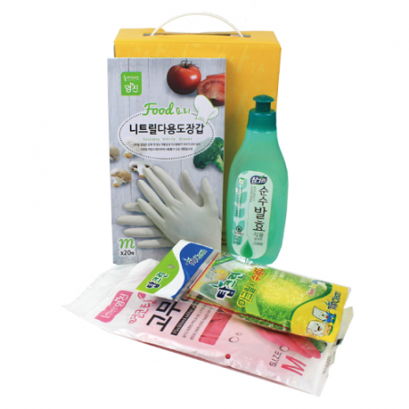 주방용품 세트 N-F 주방세제 + 니트릴장갑 20매 + 면코팅 고무장갑 + 아크릴 수세미 #2
