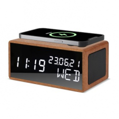 우드쇼 R1501 블루투스 스피커 15W 고속 무선충전 리얼우드 디지털시계 샤빌리리얼우드