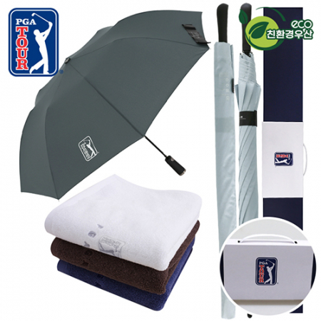 PGA 그린 2단 자동우산 + 70 자동 장우산 + 150g 면사타올 세트 #2