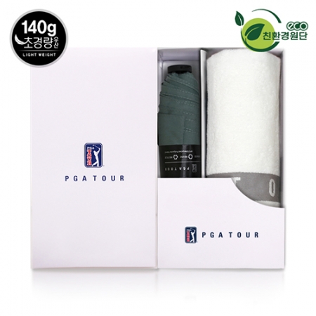 PGA 친환경그린 3단 수동 경량 스키니 우산 + 130g 면사 타올세트 #2