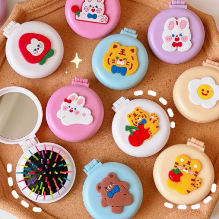 캐릭터 미니 손거울 브러쉬, 원형 손거울 동물 캐릭터 손거울 브러쉬 빗 #2