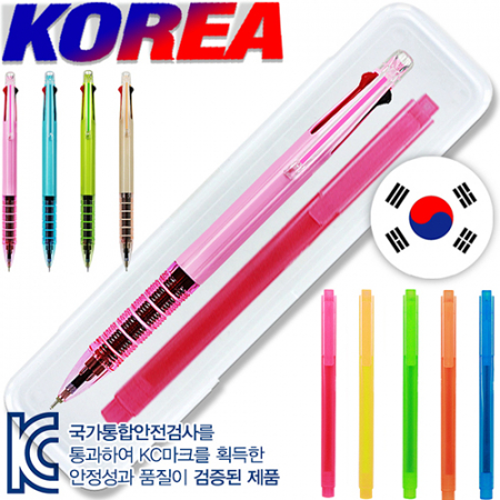 코리아 더블 클립 니들 3색 볼펜 + 스타 사각 형광펜 세트 #2