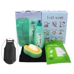 앞치마(방수)+참그린곡물 주방세제 용기 300g+참그린곡물 주방세제 리필 300ml+고무장갑 속장갑++과일수세미