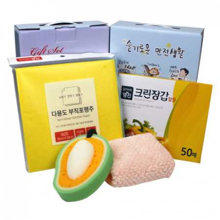 부직포행주 3매+크린장갑 50매+고리 핸드타올+과일 수세미 세트 #2