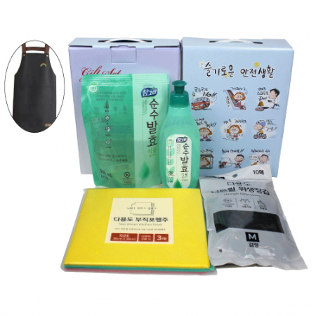 앞치마(방수) 세제 용기 300g+리필 세제 300g+ 행주3매+니트릴장갑 10매 #2