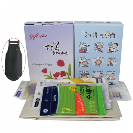 앞치마+투톤 고무장갑+니트릴장갑 10매+아크릴 수세미세트 #2