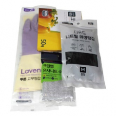 투톤 고무장갑+니트릴장갑+크린장갑+은사니트 수세미 4종세트