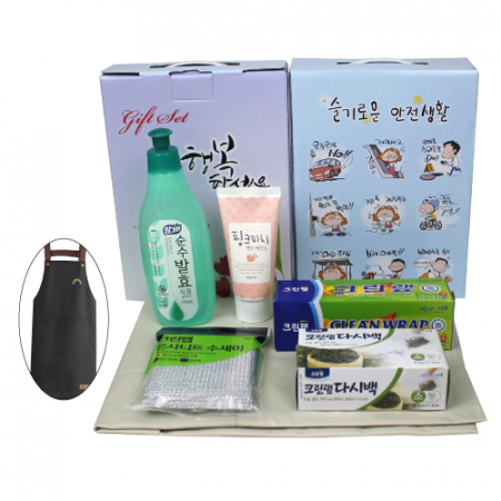방수앞치마+과일나라 핸드크림, 크린랩 소형+다시백+참그린 주방세제+은사니트 수세미 5종 세트 #2